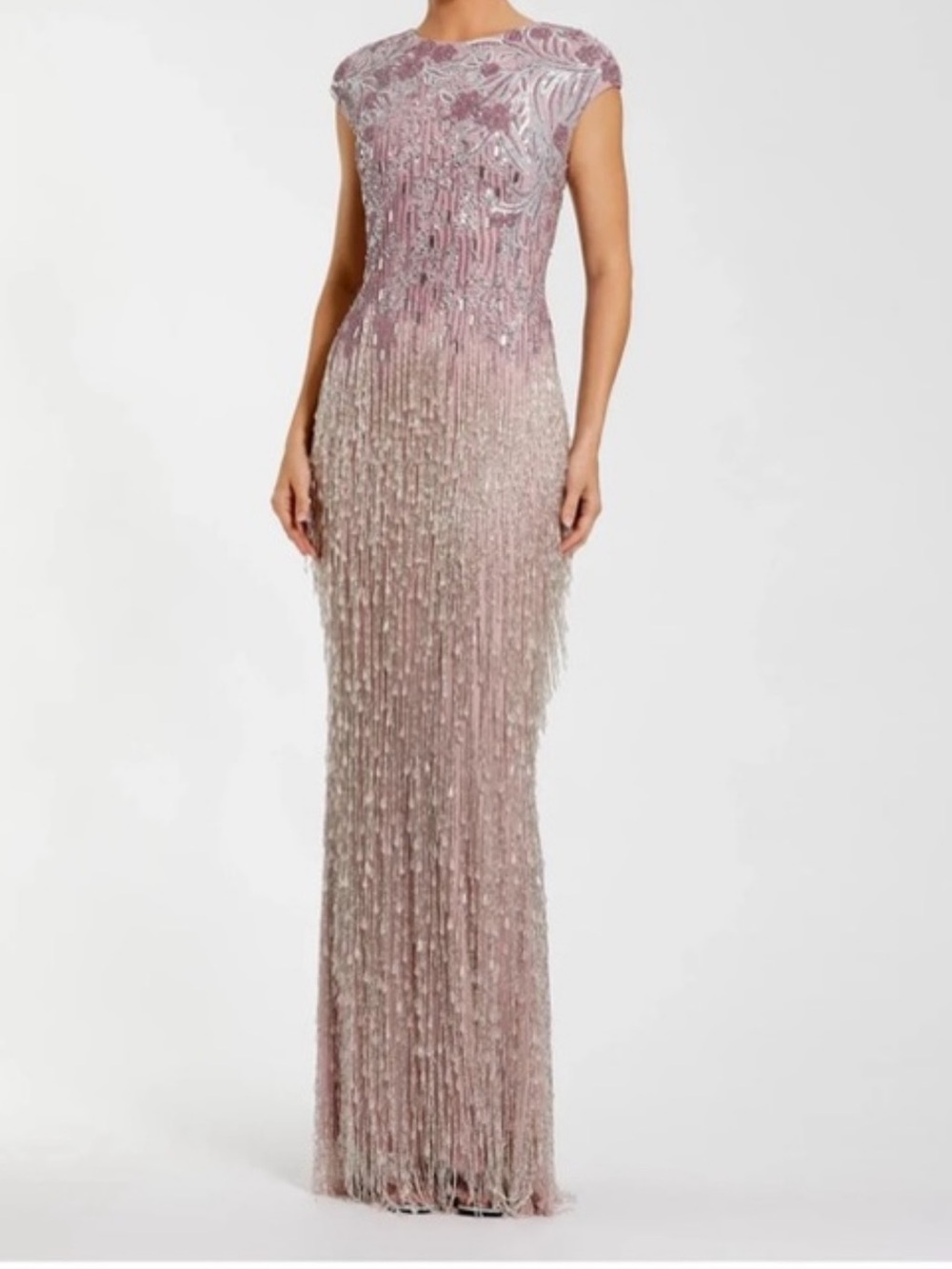 Mac Duggal Blush Pink Sequin Fringe Maxi Gown